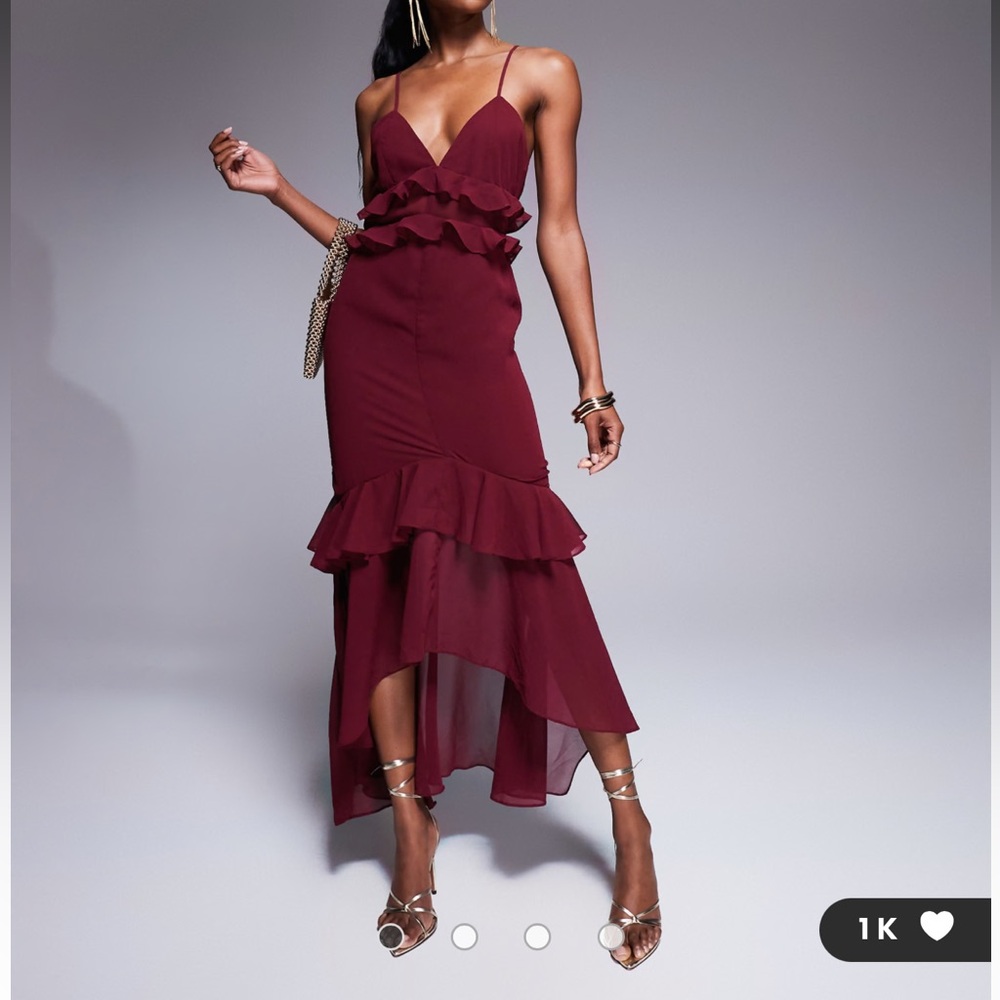 Rare London ruffle trim high low hem cami maxi dress in dark red